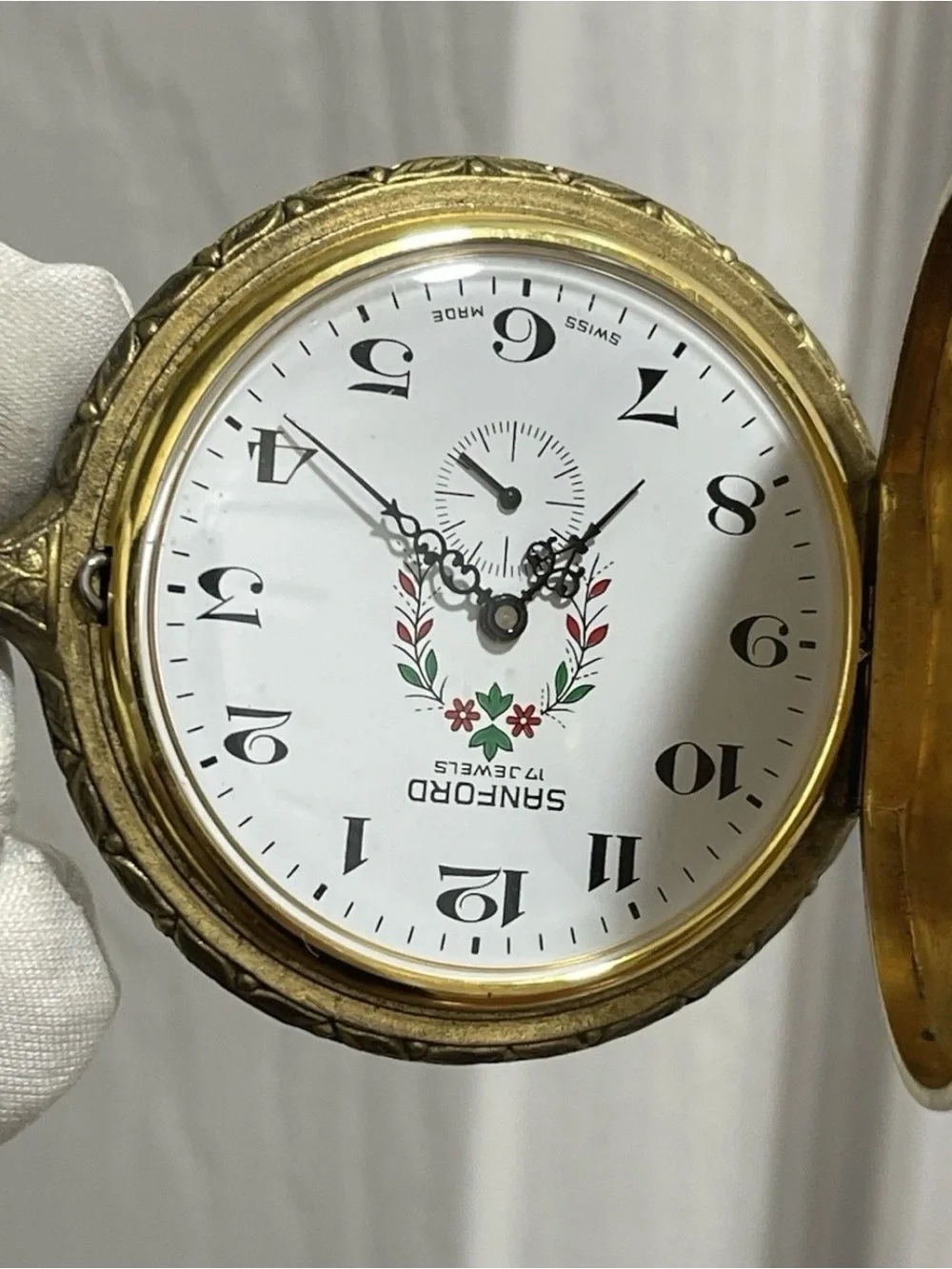 Vintage Sanford 17 Jewels Mechanical Pocket Watch Hunting Scene Swiss Made 1960s